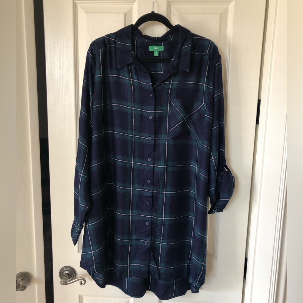 dip Navy and Green Plaid Button Down Shirt